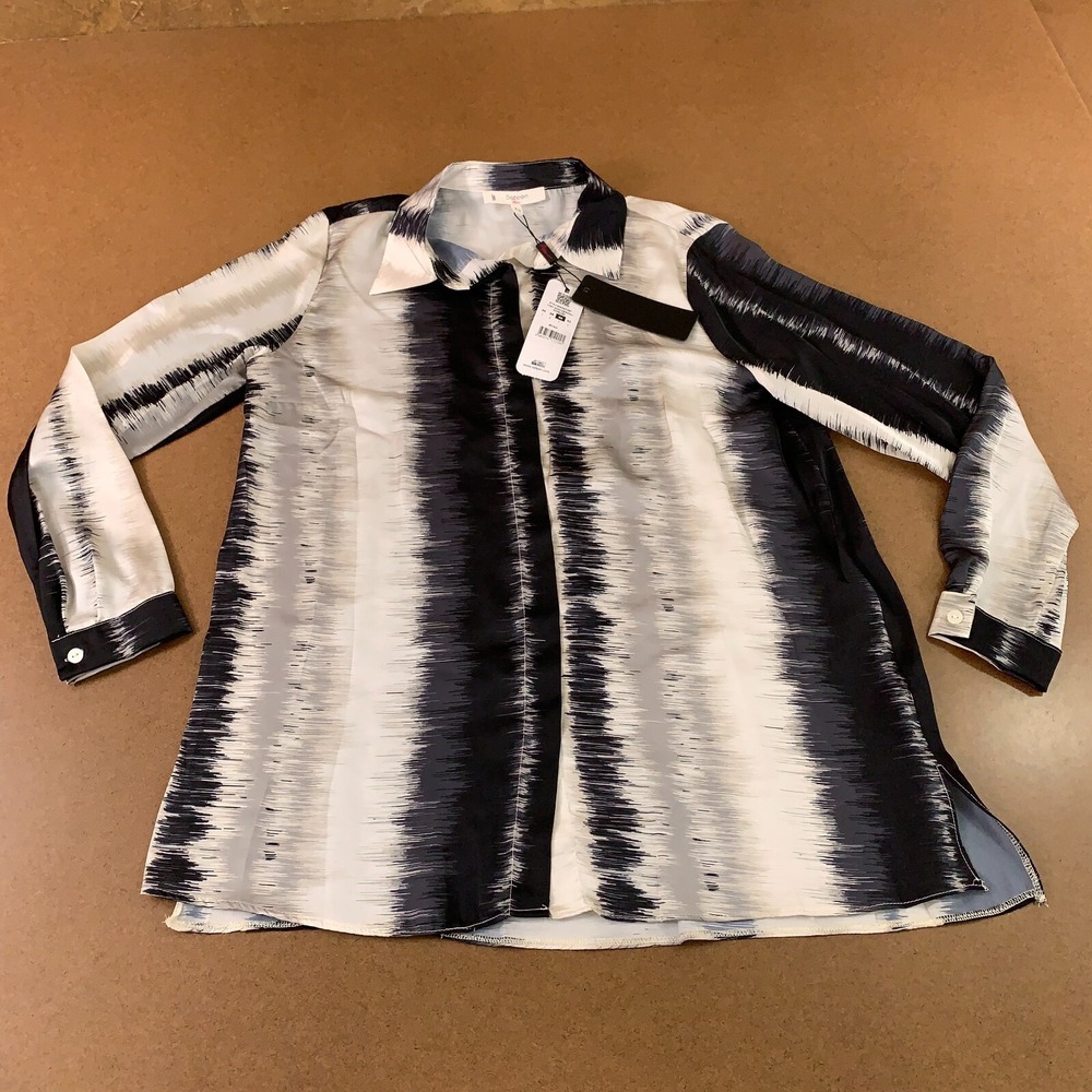 Sateen Womens Large Black Gray Striped Long Sleeve Button Front Tunic Top NWT